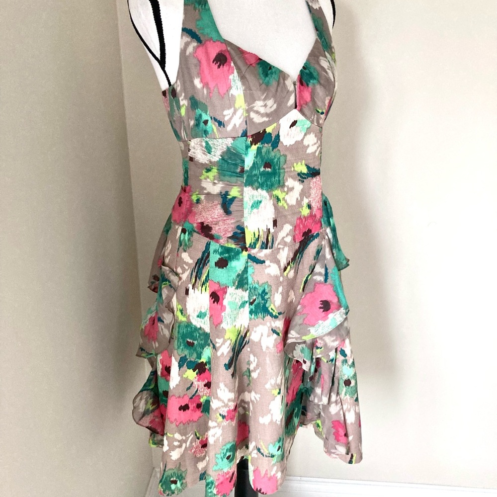 Nanette Lepore Ikat Taupe Floral Dress Size 6 Romantic - Picture 9 of 12